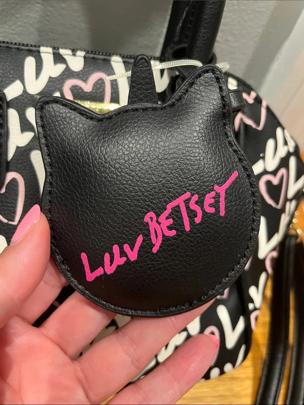 Betsey Johnson Black Heart 'Luv' Print Unicorn Applique Satchel